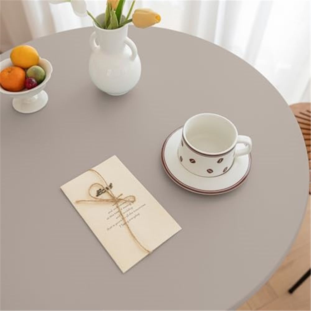 Round Fitted PU Tablecloth with High Elastic Edge 35 Inch Dia Waterproof Oil Proof Table Cloth Anti-Scald Stain-Resistant Wipeable Table Cover for Indoor Outdoor Picnic (Grey,35" Dia，Only tablecloth)