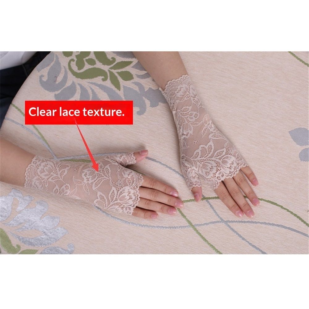 2 pairs Women Sunblock Short Lace Half Fingerless Gloves Fancy Wrist Length Bridal Wedding Events Party Glove （skin color）