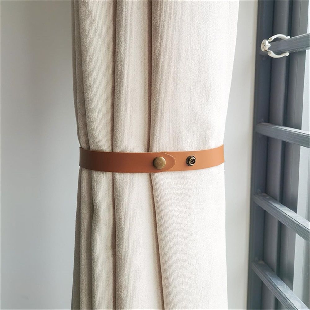 Set of 4 Leather Curtain Tiebacks, Modern Faux Leather Curtain Straps with Adjustable Buttons, No Drill Holdbacks for Bedroom, Living Room, Hotel, Office,light brown