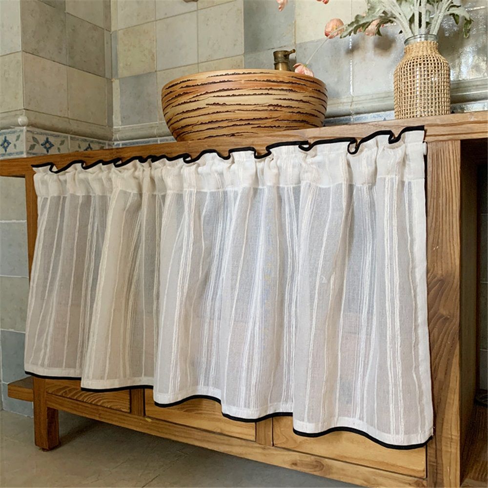 Kitchen Curtains for Small Window,Cafe Curtains 59 Inch Length,Striped Kitchen Pinch Pleat Curtain for Half Windows Semi Sheer Light