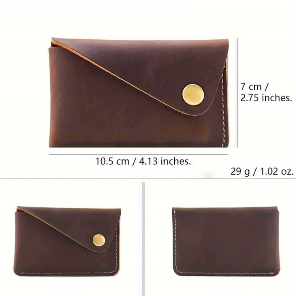 Handmade Grain Leather Card Wallet - Hand Stitched Rounded Corner Card Holder, Slim Snap Closure Minimalist Card Case Artisan Crafted Wallet (Brown)