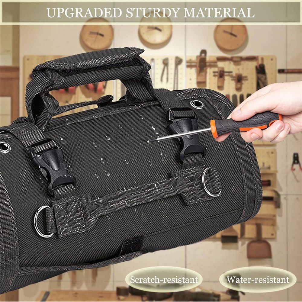 Roll Up Tool Bag, Portable Folding Tool Roll with Detachable Pouch, Heavy Duty Motorcycle Tool Storage Organizer, Gifts for Dad, Black（only bag）