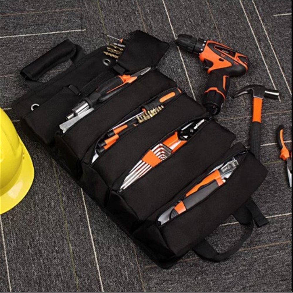 Roll Up Tool Bag, Portable Folding Tool Roll with Detachable Pouch, Heavy Duty Motorcycle Tool Storage Organizer, Gifts for Dad, Black（only bag）