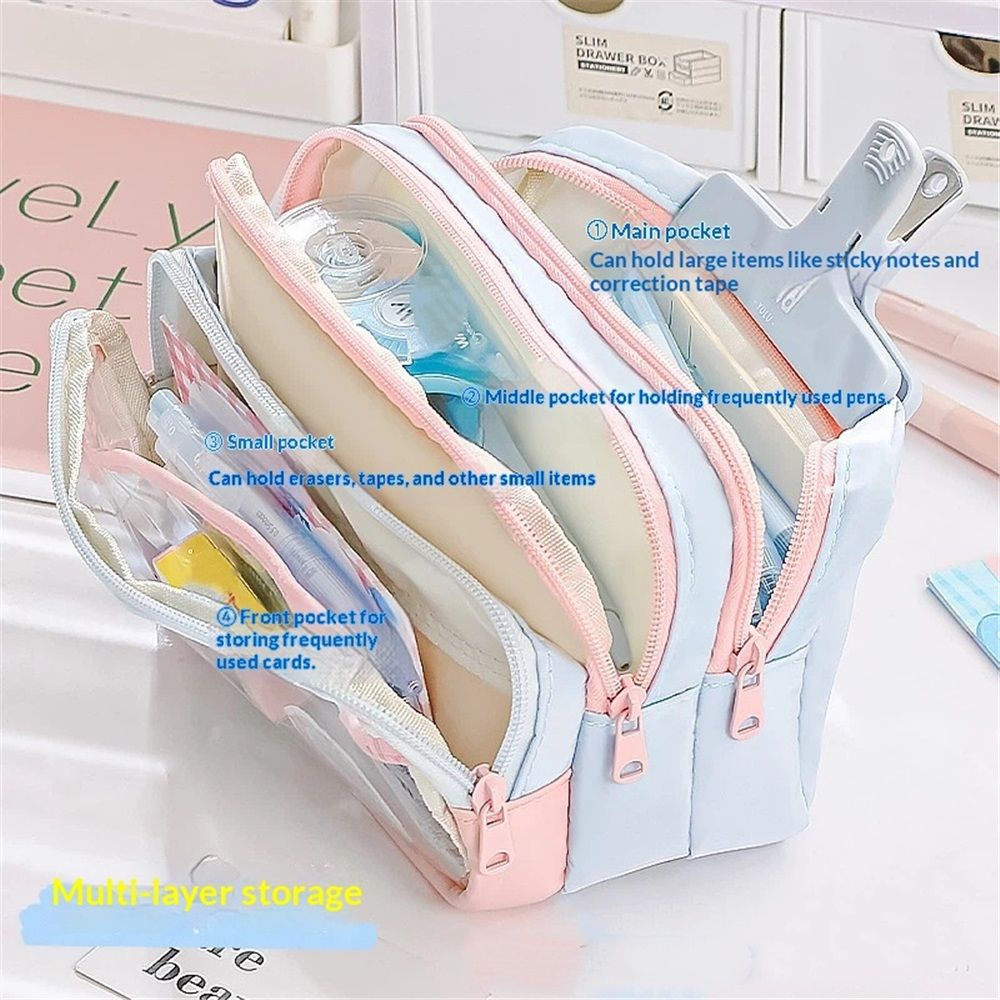 4-Layer Transparent Large Capacity Pencil Case - Aesthetic Style Makeup & Supplies Organizer Pouch (Pink blue)