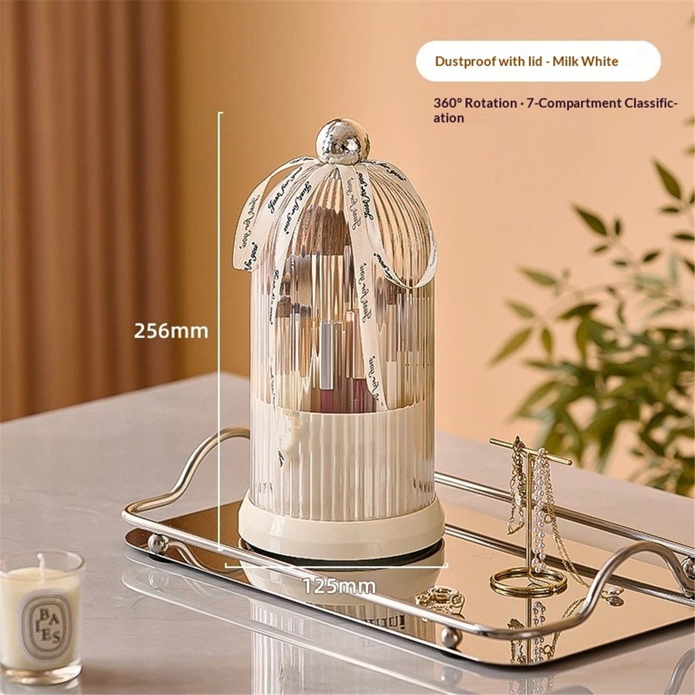 Makeup Brush Holder with Lid Cosmetic Tools Organizer 360 Rotating Waterproof Dustproof Makeup Brushes Storage for Vanity, milky white
