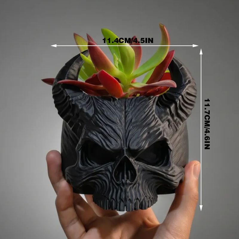 3D-printed horned skull flower pot, succulent plant pot, black.