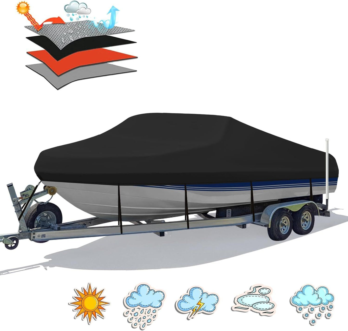 Trailerable Boat Cover – 600DHeavy Duty Waterproof Tarp with Storage Bag, Designed for V-Hull, Fish & Ski, Runabout, Bass & Fishing Boats,11-13FTBlack
