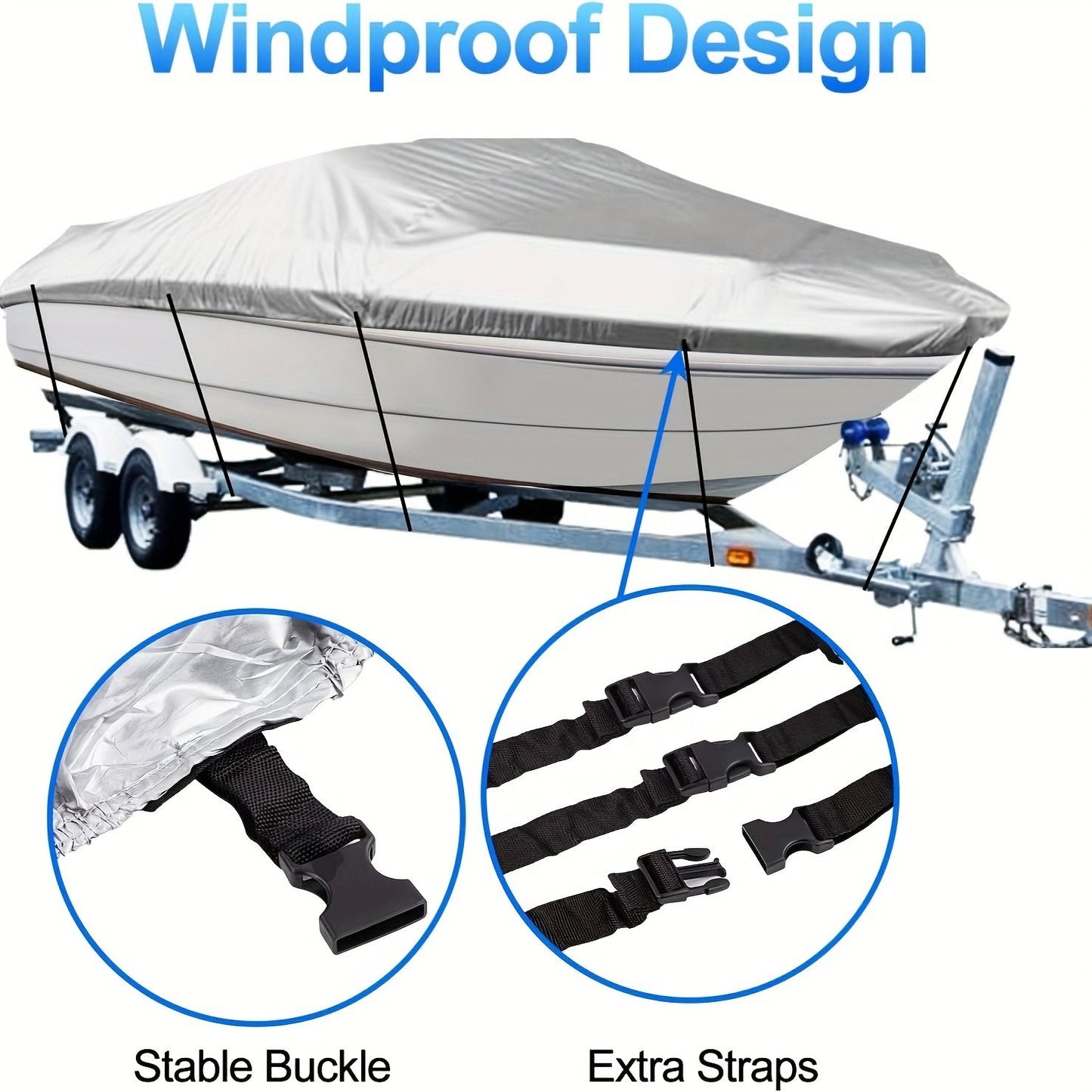 Trailerable Boat Cover – 600DHeavy Duty Waterproof Tarp with Storage Bag, Designed for V-Hull, Fish & Ski, Runabout, Bass & Fishing Boats,14-16FTSilver