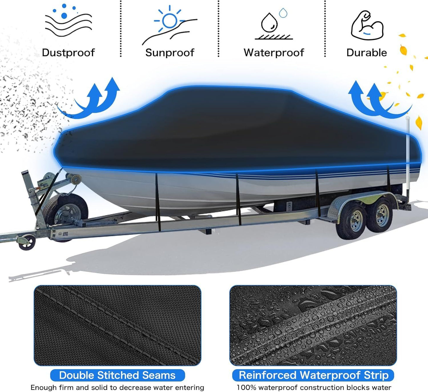 Trailerable Boat Cover – 600DHeavy Duty Waterproof Tarp with Storage Bag, Designed for V-Hull, Fish & Ski, Runabout, Bass & Fishing Boats,20-22FTSilver