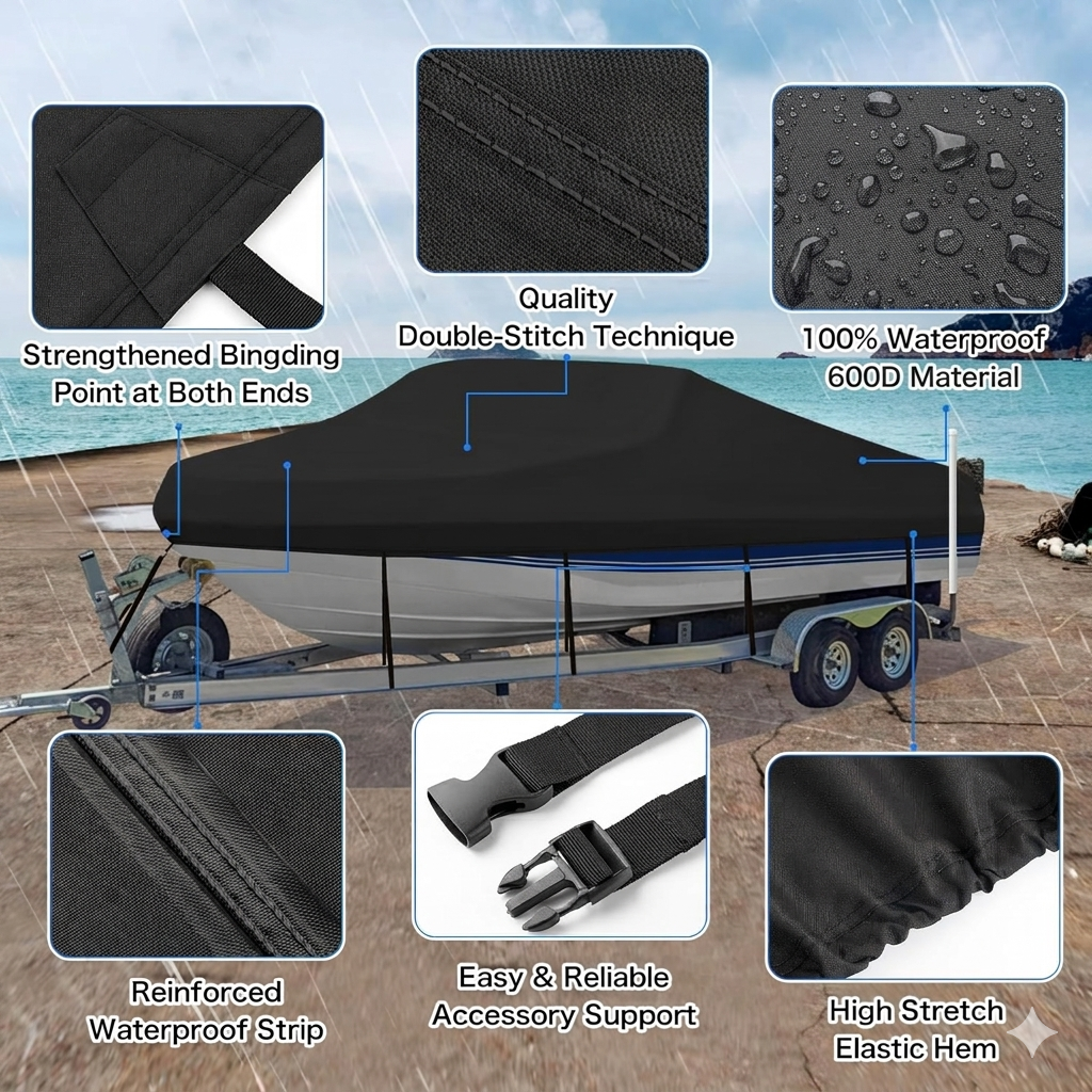 Trailerable Boat Cover – 600DHeavy Duty Waterproof Tarp with Storage Bag, Designed for V-Hull, Fish & Ski, Runabout, Bass & Fishing Boats,21-24FTSilver