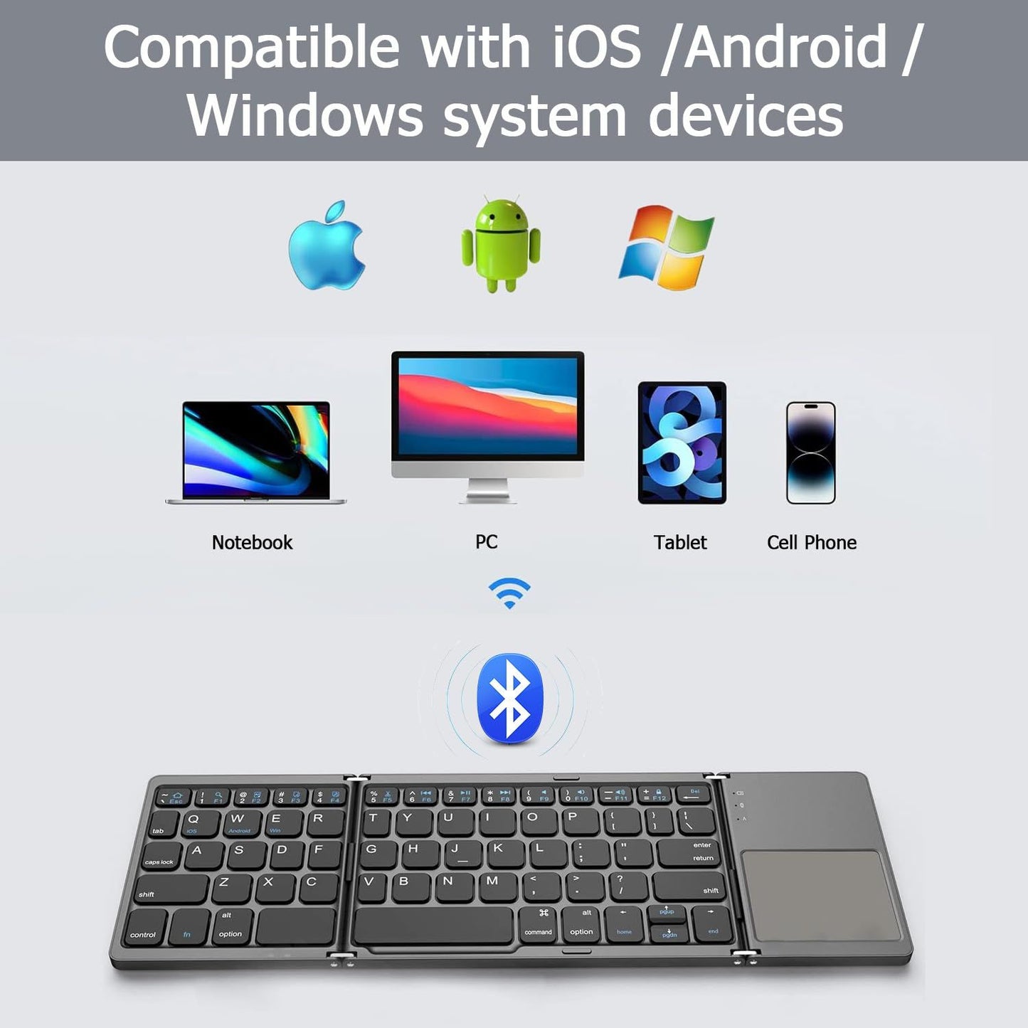 Foldable Bluetooth Keyboard with Touchpad, Wireless Portable Keyboard, Ultra Slim Rechargeable Folding Keyboard with Full-Size Keys for iOS Android Windows Laptop Tablet PC,Grey