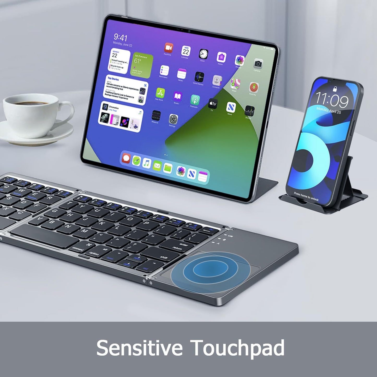 Foldable Bluetooth Keyboard with Touchpad, Wireless Portable Keyboard, Ultra Slim Rechargeable Folding Keyboard with Full-Size Keys for iOS Android Windows Laptop Tablet PC,Grey