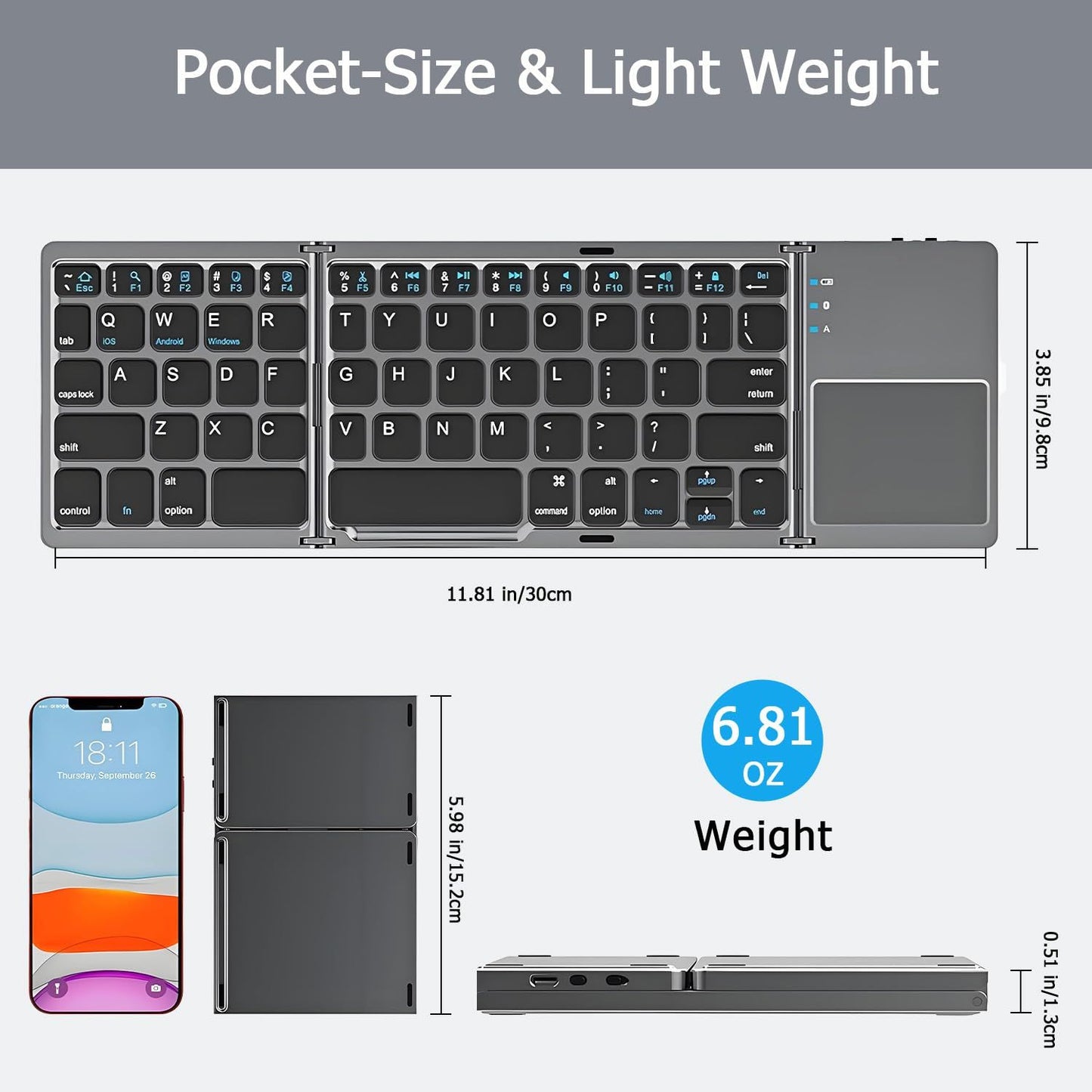 Foldable Bluetooth Keyboard with Touchpad, Wireless Portable Keyboard, Ultra Slim Rechargeable Folding Keyboard with Full-Size Keys for iOS Android Windows Laptop Tablet PC,Grey