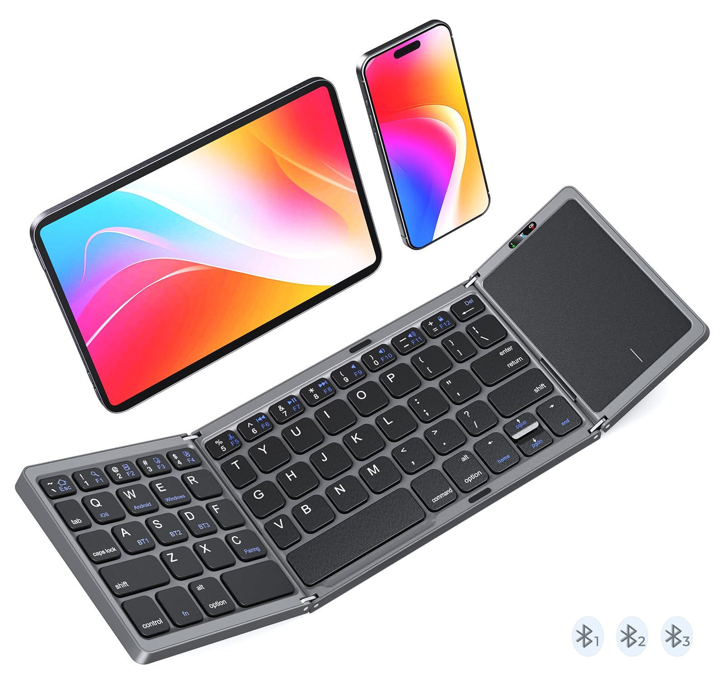 Foldable Bluetooth Keyboard with Touchpad, Wireless Portable Keyboard, Ultra Slim Rechargeable Folding Keyboard with Full-Size Keys for iOS Android Windows Laptop Tablet PC,Grey