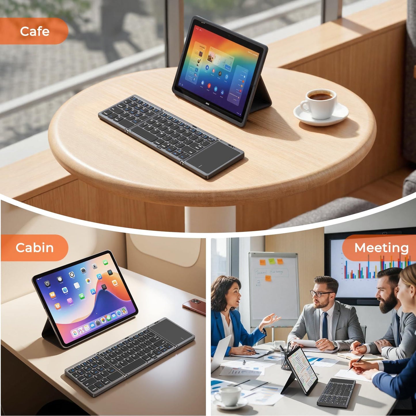 Foldable Bluetooth Keyboard with Touchpad, Wireless Portable Keyboard, Ultra Slim Rechargeable Folding Keyboard with Full-Size Keys for iOS Android Windows Laptop Tablet PC,Black