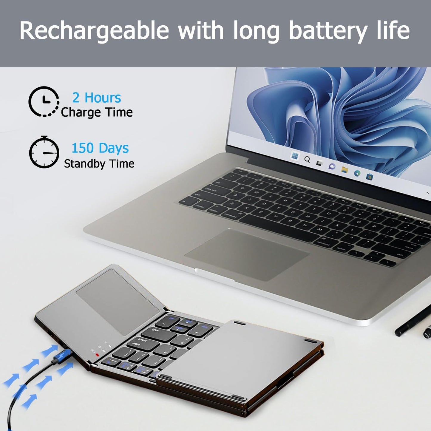 Foldable Bluetooth Keyboard with Touchpad, Wireless Portable Keyboard, Ultra Slim Rechargeable Folding Keyboard with Full-Size Keys for iOS Android Windows Laptop Tablet PC,Silver