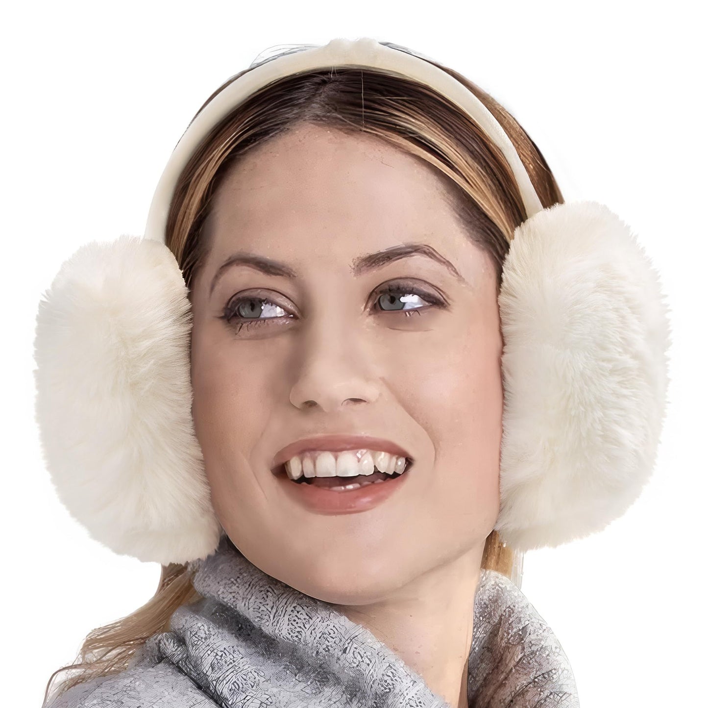 Grey fluffy Plush Winter Ear Muffs for Women, Foldable Soft Ear Warmers Windproof Thermal Earmuffs for Cold Weather Outdoor Daily Wear