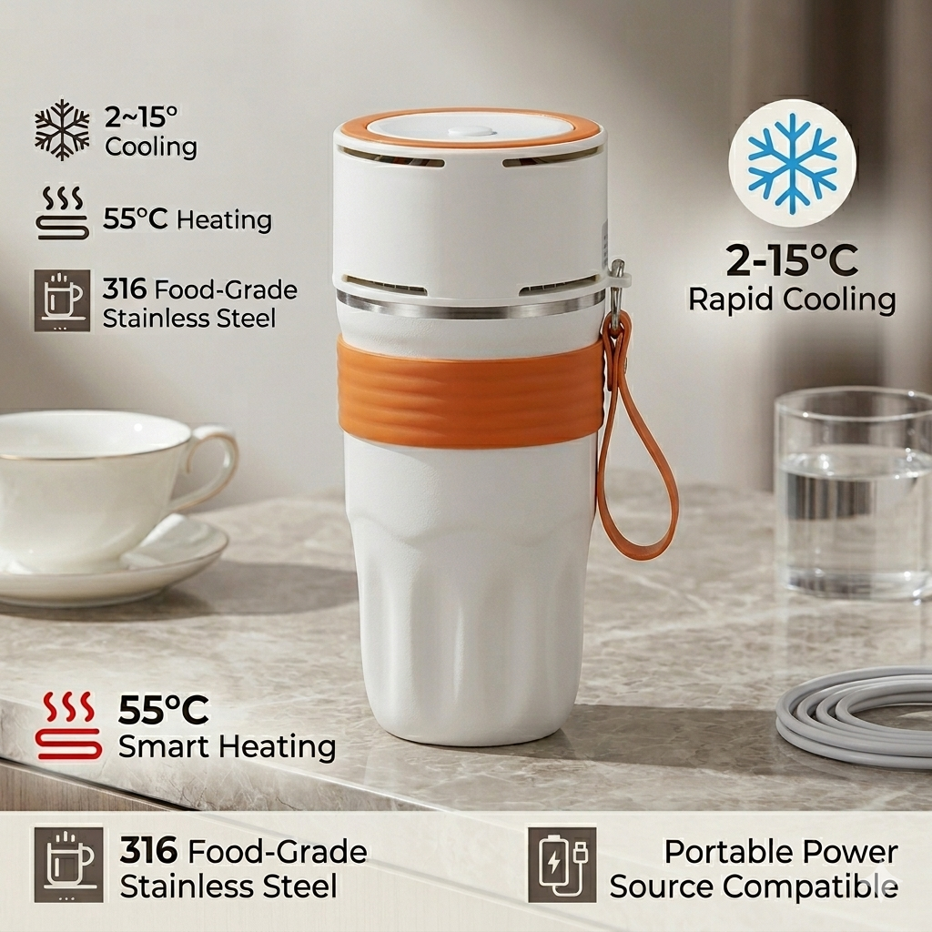 USB Heated & Cooling Smart Cup, Fast Cooling 0–10°C & Heating Up to 50°C, Portable Thermostatic Cold & Hot Cup, Car Office Travel Use, USB Powered Beverage Cooler & Warmer, Works with Power Bank & Car Charger,Grey