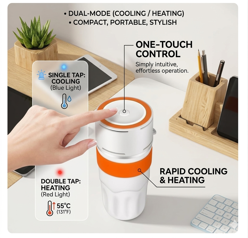 USB Heated & Cooling Smart Cup, Fast Cooling 0–10°C & Heating Up to 50°C, Portable Thermostatic Cold & Hot Cup, Car Office Travel Use, USB Powered Beverage Cooler & Warmer, Works with Power Bank & Car Charger,Orange