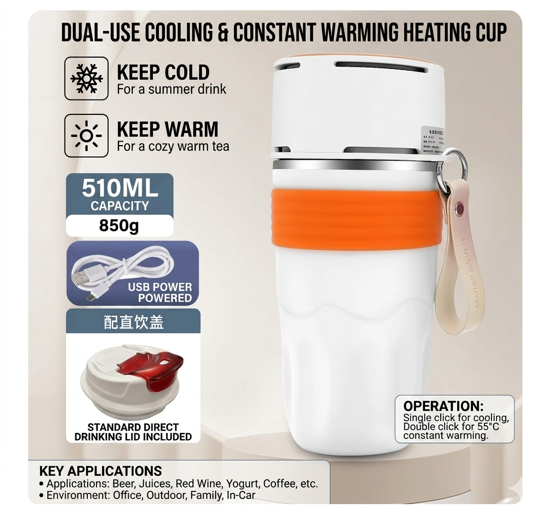 USB Heated & Cooling Smart Cup, Fast Cooling 0–10°C & Heating Up to 50°C, Portable Thermostatic Cold & Hot Cup, Car Office Travel Use, USB Powered Beverage Cooler & Warmer, Works with Power Bank & Car Charger,Orange