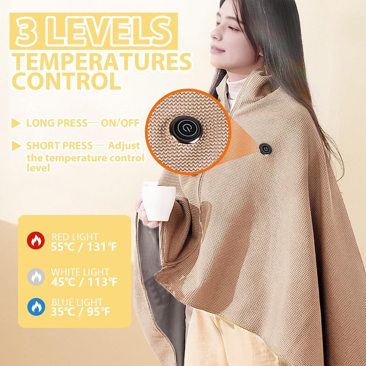 USB Power Supply Electric Heated Blanket Shawl Portable Wearable Heated Throw 3 Heat Levels Machine Washable Cozy 62x32 Inches,Apricot