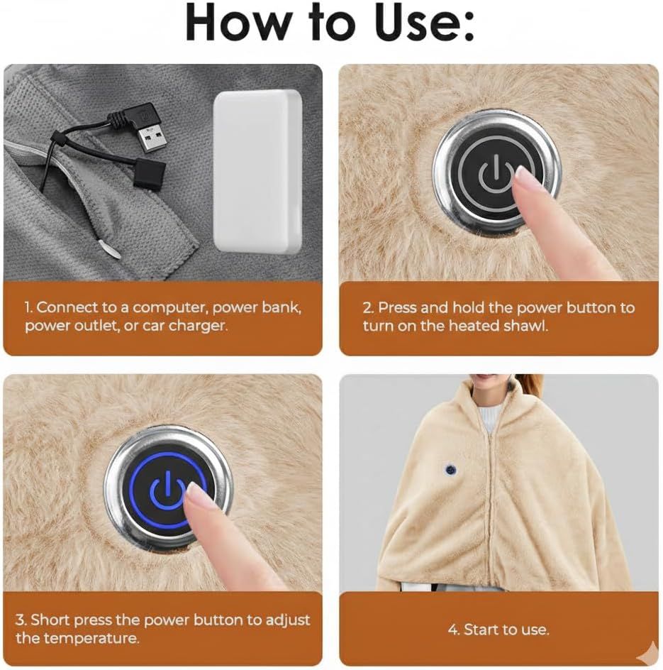 USB Power Supply Electric Heated Blanket Shawl Portable Wearable Heated Throw 3 Heat Levels Machine Washable Cozy 62x32 Inches,Apricot