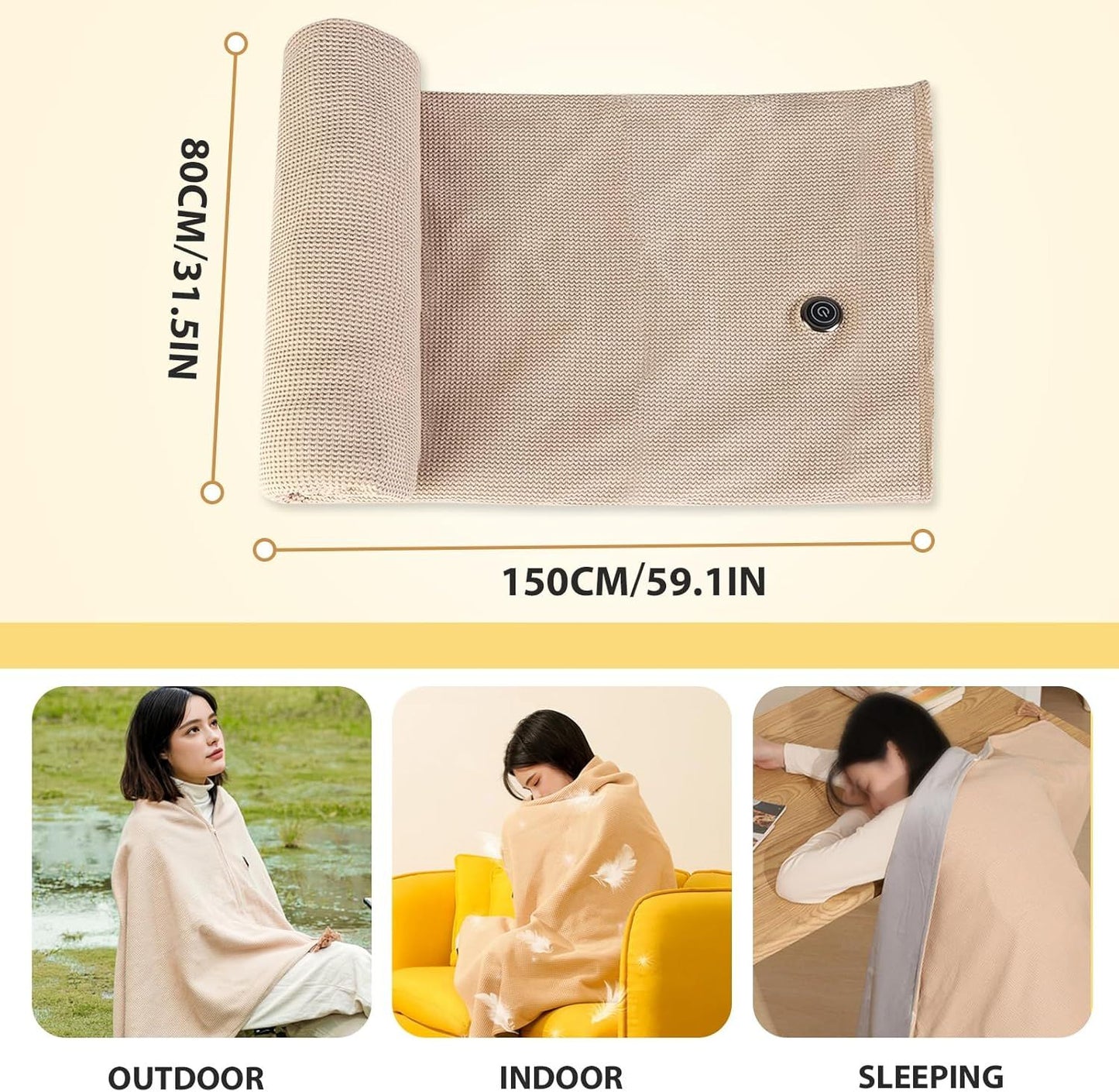USB Power Supply Electric Heated Blanket Shawl Portable Wearable Heated Throw 3 Heat Levels Machine Washable Cozy 62x32 Inches,Red