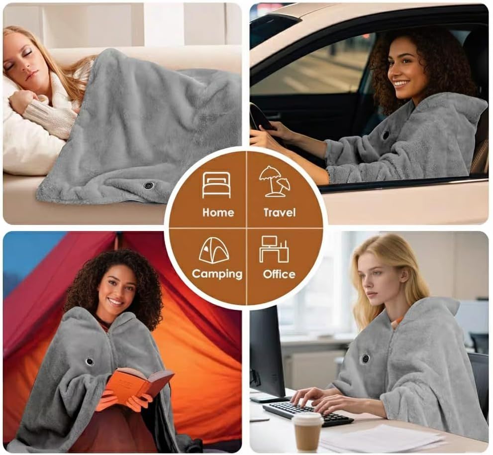 USB Power Supply Electric Heated Blanket Shawl Portable Wearable Heated Throw 3 Heat Levels Machine Washable Cozy 62x32 Inches,Red