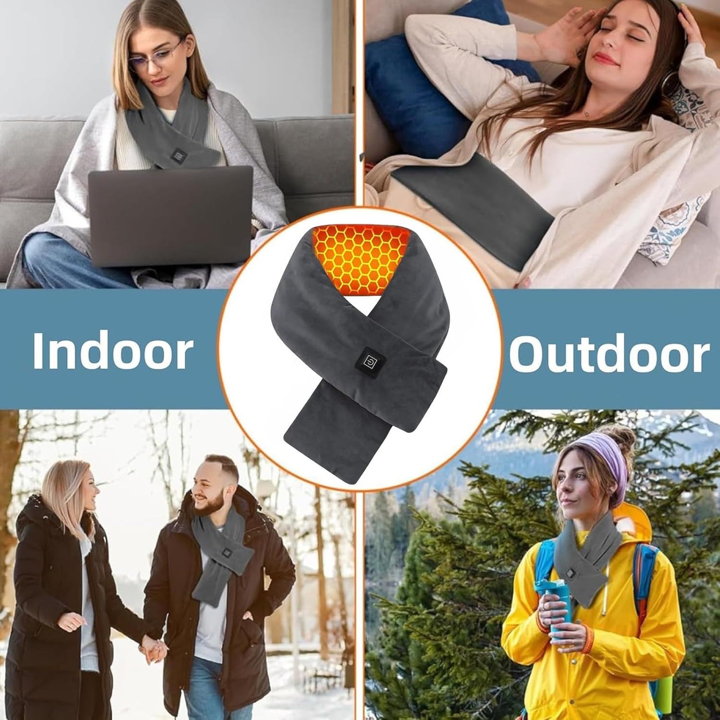 Heated Scarf for Women & Men, Rechargeable Neck Heating Wrap with 3 Heat Settings, Portable Electric Neck Warmer, Fast Heating for Office, Outdoor Winter Warm Gift,Grey