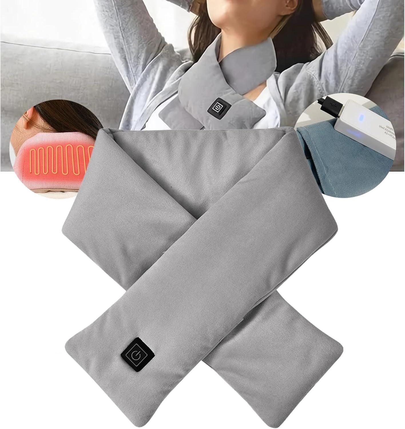Heated Scarf for Women & Men, Rechargeable Neck Heating Wrap with 3 Heat Settings, Portable Electric Neck Warmer, Fast Heating for Office, Outdoor Winter Warm Gift,Grey