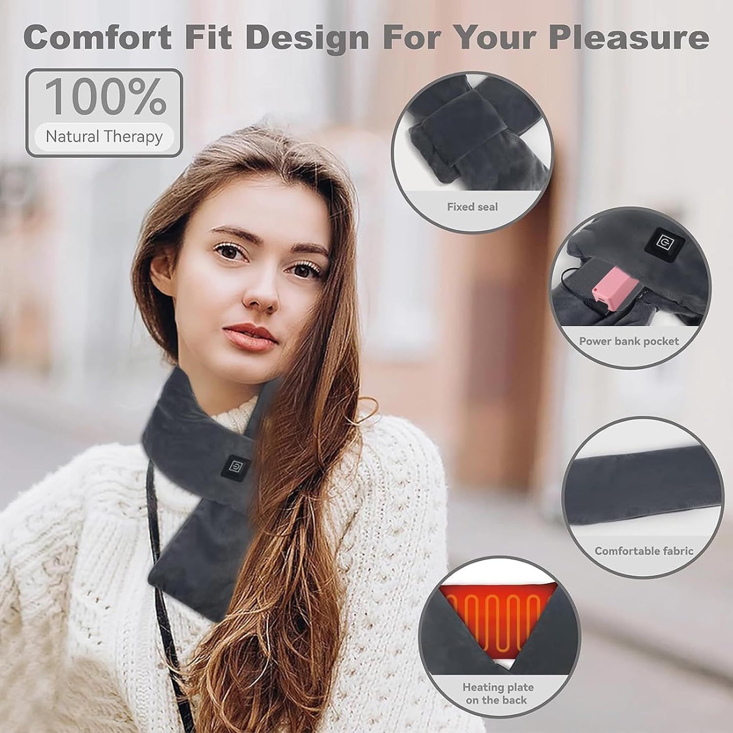 Heated Scarf for Women & Men, Rechargeable Neck Heating Wrap with 3 Heat Settings, Portable Electric Neck Warmer, Fast Heating for Office, Outdoor Winter Warm Gift,Grey