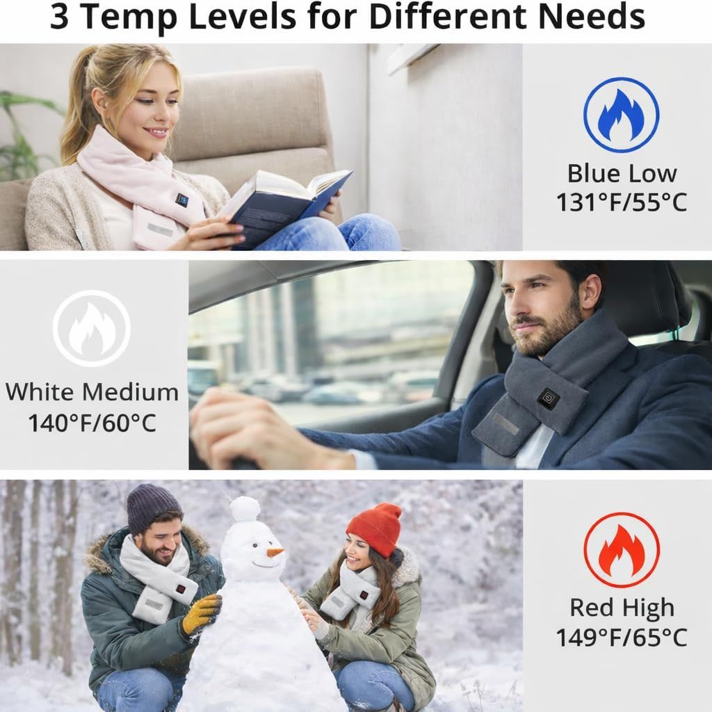 Heated Scarf for Women & Men, Rechargeable Neck Heating Wrap with 3 Heat Settings, Portable Electric Neck Warmer, Fast Heating for Office, Outdoor Winter Warm Gift,Black