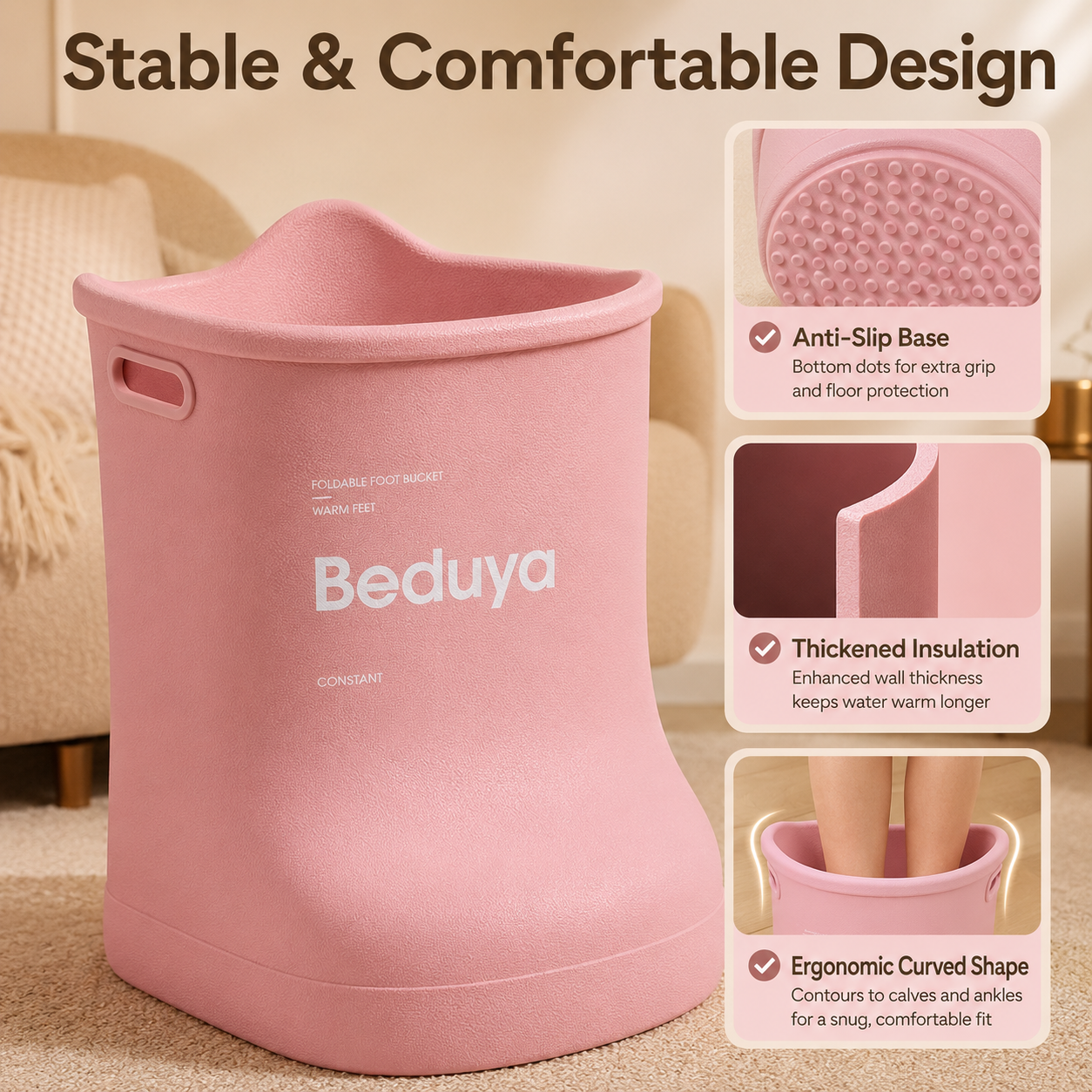 EVA Foot Soaking Bucket with Massage Bottom, Deep Calf Foot Bath Tub for Home Spa, Insulated Warm Foot Soak Basin with Handles, Lightweight Portable Foot Spa Bucket for Adults (Pink)