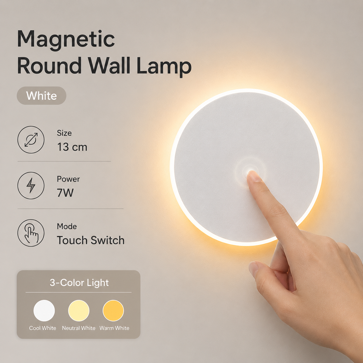 Magnetic Round Wall Lamp 13cm White, 7W Rechargeable LED Wall Sconce with Touch Control, 3-Color Light, Battery Powered Modern Disc Wall Light for Bedroom Hallway Living Room