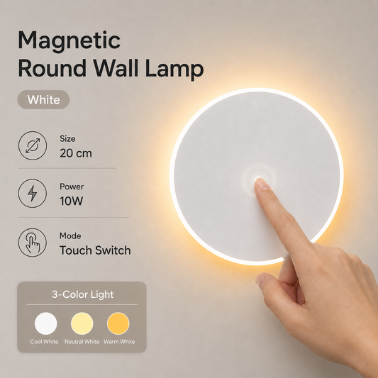 Magnetic Round Wall Lamp 20cm White, 10W Rechargeable LED Wall Sconce with Touch Control, 3-Color Light, Battery Powered Modern Disc Wall Light for Bedroom Hallway Living Room