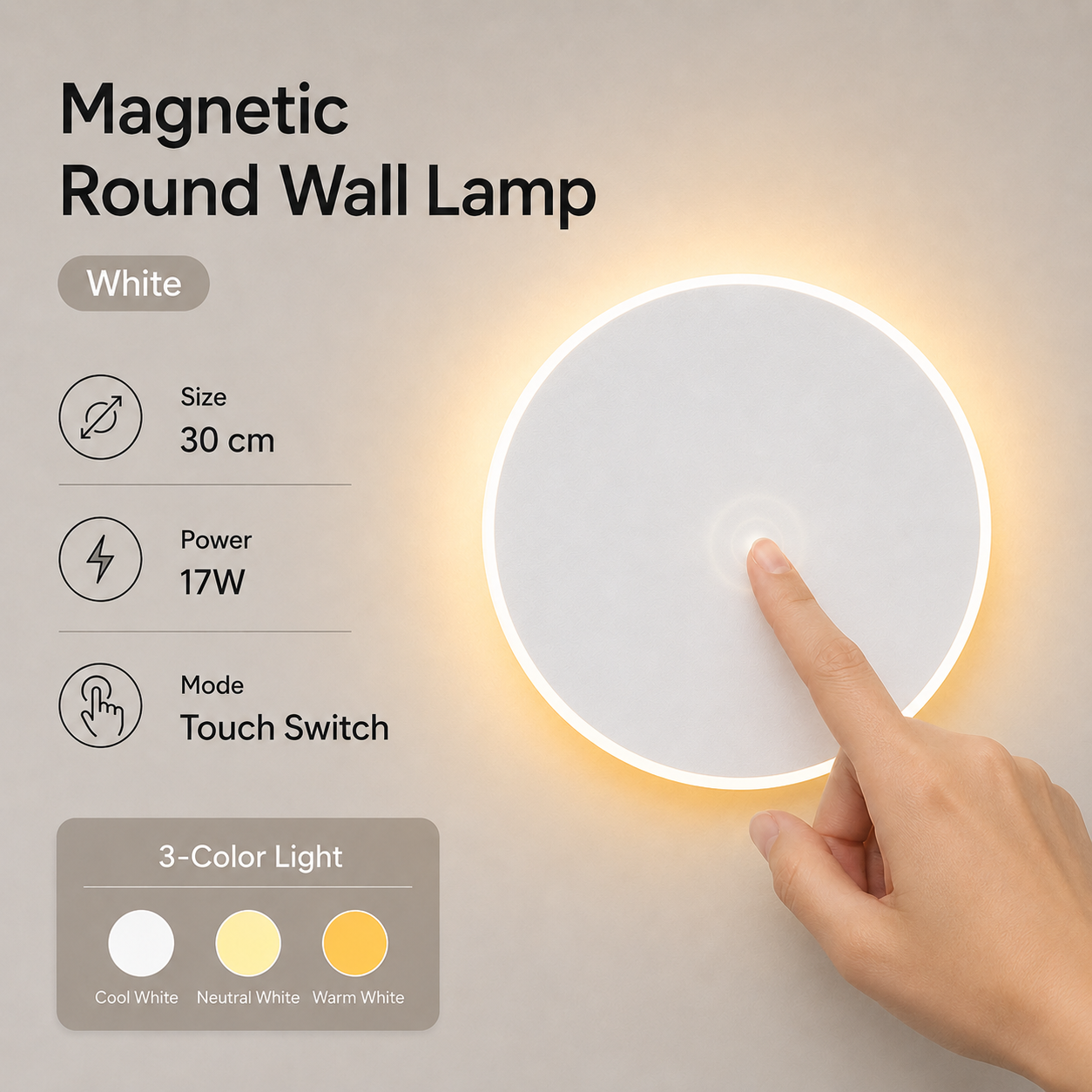 Magnetic Round Wall Lamp 30cm White, 17W Rechargeable LED Wall Sconce with Touch Control, 3-Color Light, Battery Powered Modern Disc Wall Light for Bedroom Hallway Living Room