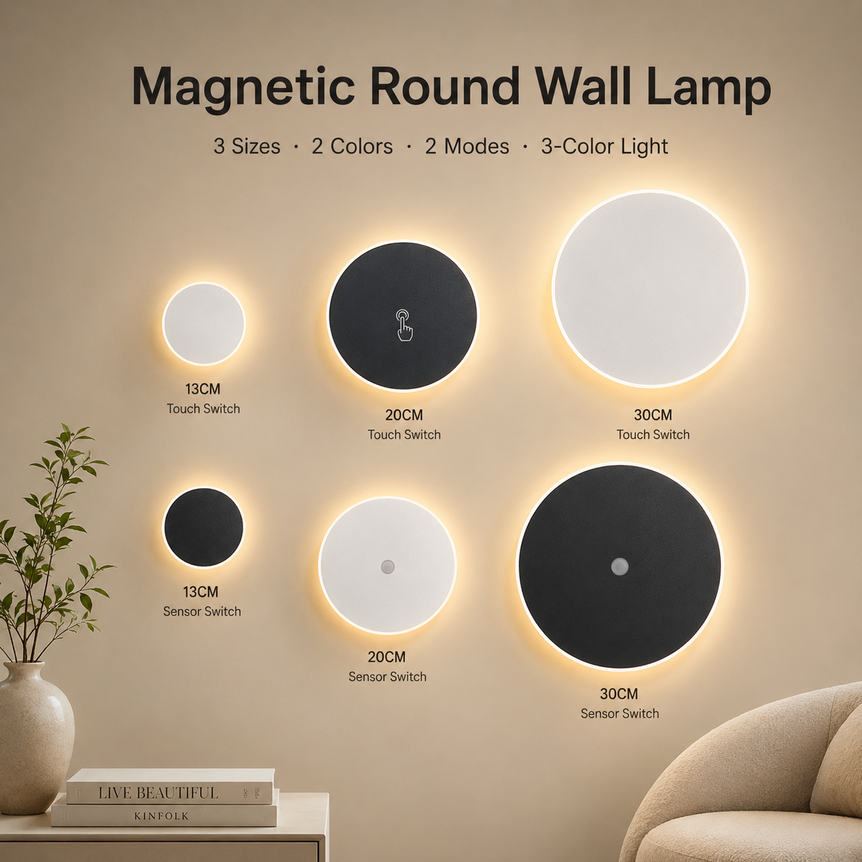Magnetic Round Wall Lamp 30cm White, 17W Rechargeable LED Wall Sconce with Touch Control, 3-Color Light, Battery Powered Modern Disc Wall Light for Bedroom Hallway Living Room