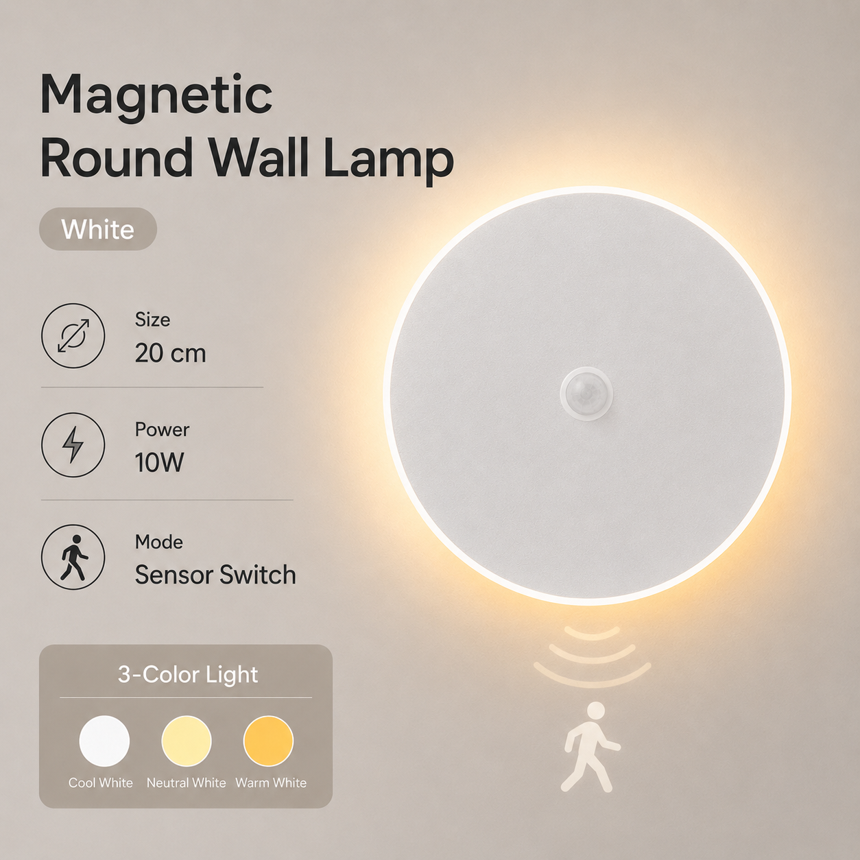 Magnetic Round Wall Lamp 20cm White, 10W Rechargeable LED Wall Sconce with Motion Sensor, 3-Color Light, Battery Powered Modern Disc Wall Light for Hallway Entryway Bedroom