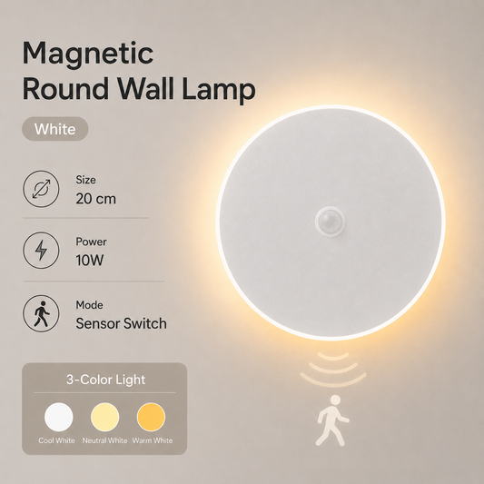 Magnetic Round Wall Lamp 20cm White, 10W Rechargeable LED Wall Sconce with Motion Sensor, 3-Color Light, Battery Powered Modern Disc Wall Light for Hallway Entryway Bedroom