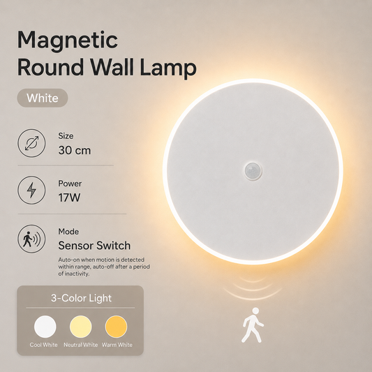 Magnetic Round Wall Lamp 30cm White, 17W Rechargeable LED Wall Sconce with Motion Sensor, 3-Color Light, Battery Powered Modern Disc Wall Light for Hallway Entryway Bedroom