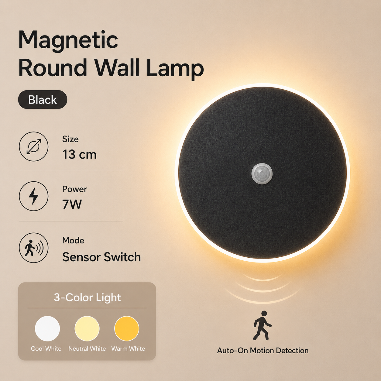 Magnetic Round Wall Lamp 13cm Black, 7W Rechargeable LED Wall Sconce with Motion Sensor, 3-Color Light, Battery Powered Modern Disc Wall Light for Hallway Entryway Bedroom