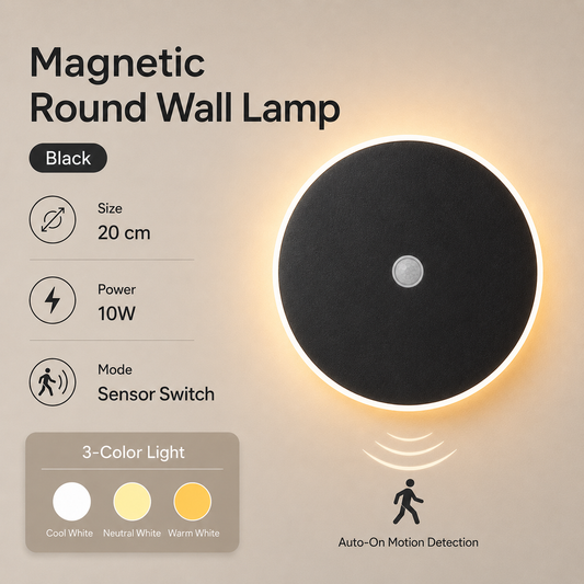 Magnetic Round Wall Lamp 20cm Black, 10W Rechargeable LED Wall Sconce with Motion Sensor, 3-Color Light, Battery Powered Modern Disc Wall Light for Hallway Entryway Bedroom