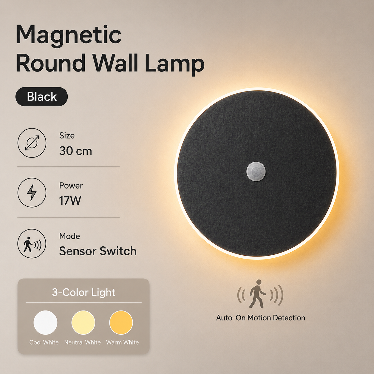 Magnetic Round Wall Lamp 30cm Black, 17W Rechargeable LED Wall Sconce with Motion Sensor, 3-Color Light, Battery Powered Modern Disc Wall Light for Hallway Entryway Bedroom