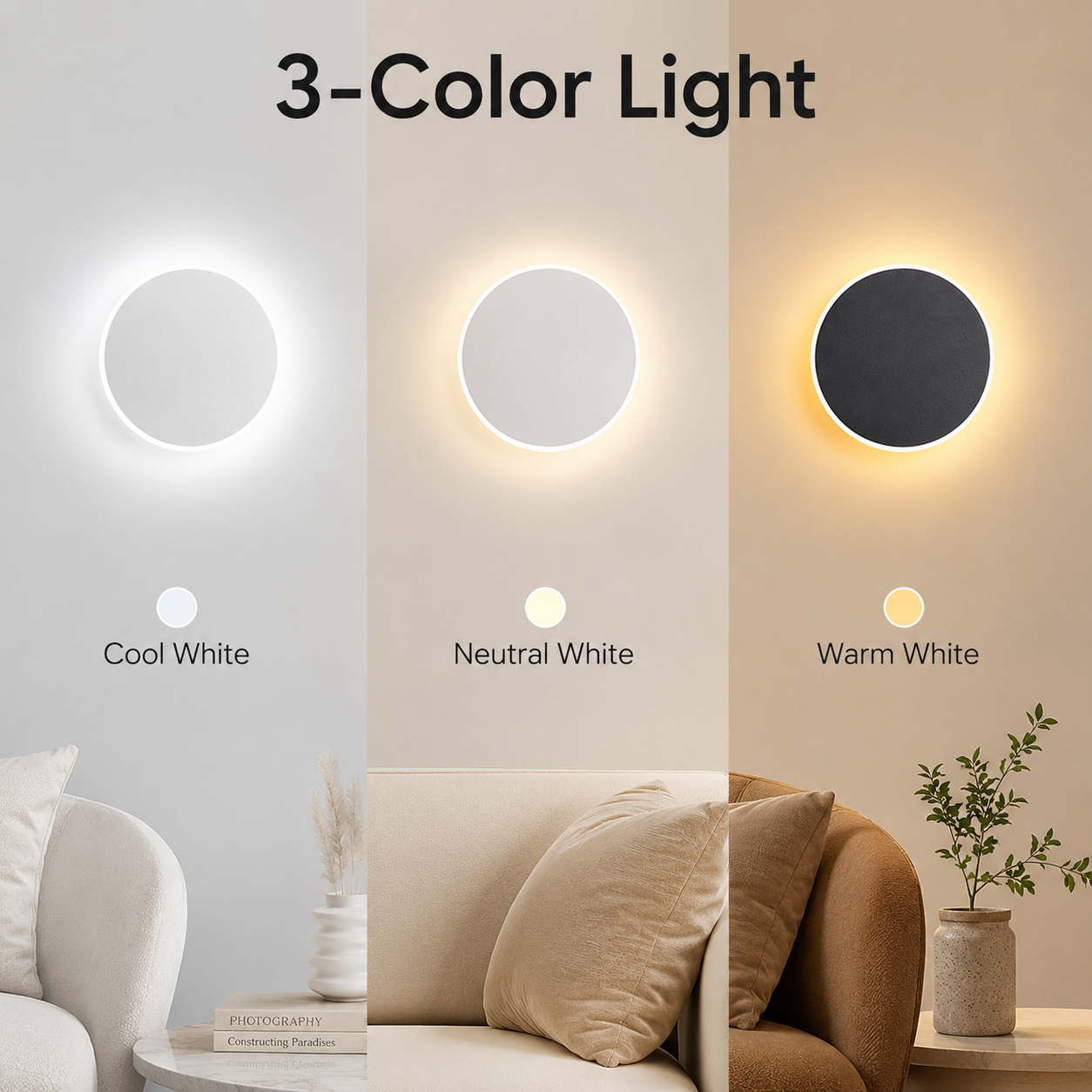Magnetic Round Wall Lamp 30cm Black, 17W Rechargeable LED Wall Sconce with Motion Sensor, 3-Color Light, Battery Powered Modern Disc Wall Light for Hallway Entryway Bedroom