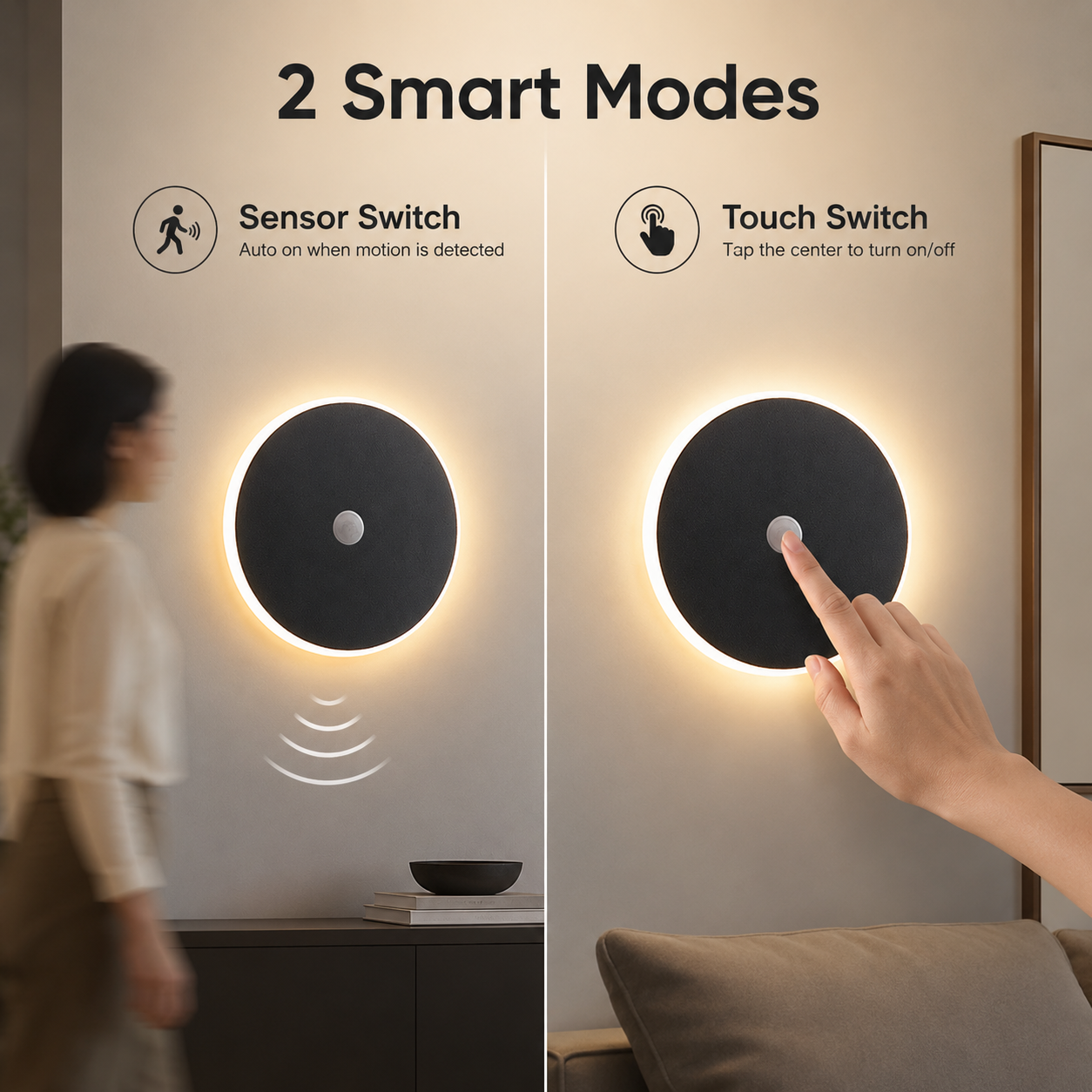 Magnetic Round Wall Lamp 30cm Black, 17W Rechargeable LED Wall Sconce with Motion Sensor, 3-Color Light, Battery Powered Modern Disc Wall Light for Hallway Entryway Bedroom