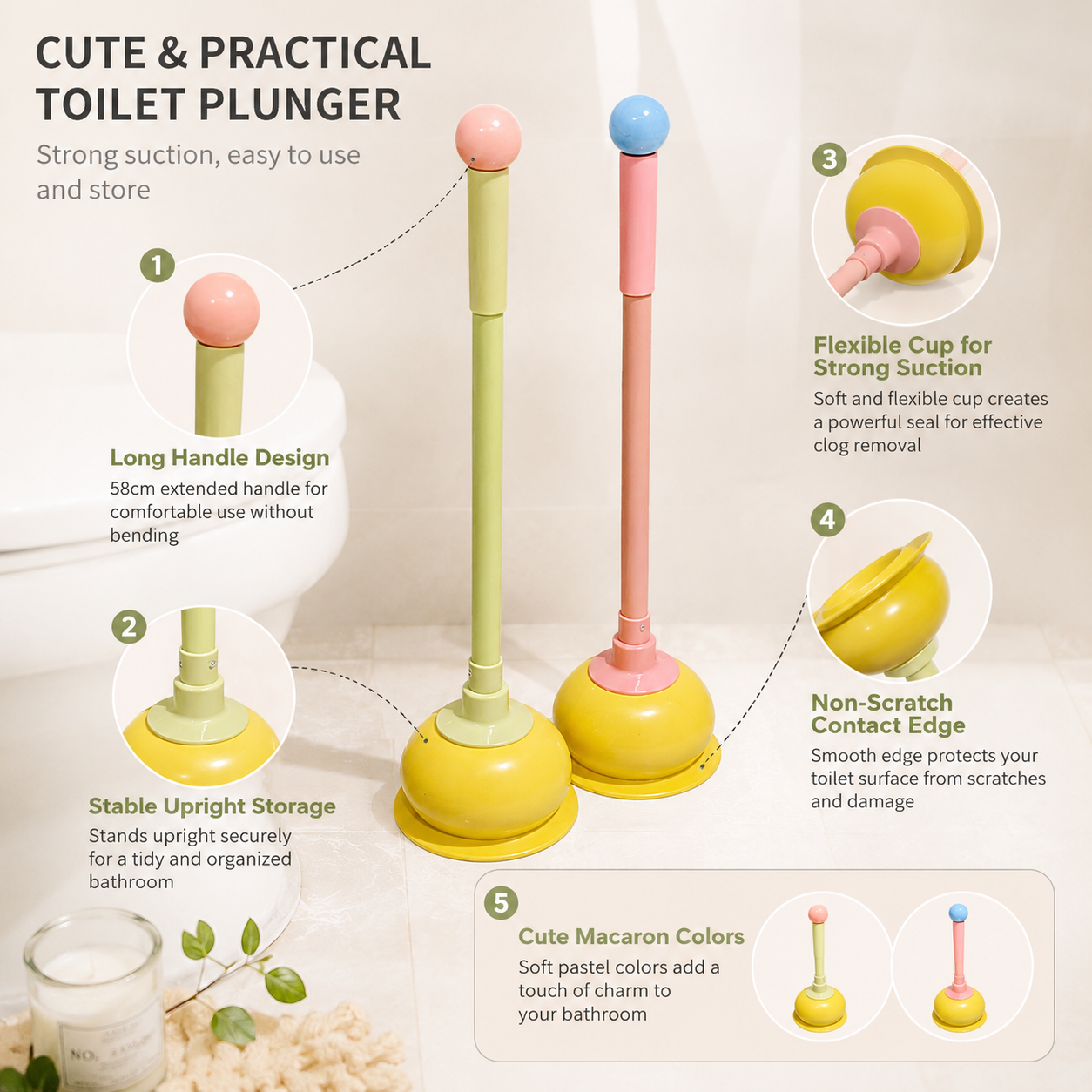 Toilet Plunger, Long Handle Bathroom Plunger with Strong Suction Cup, Non-Scratch Drain Plunger for Toilet, Kitchen Sink, Bathroom Drain, Bathtub and Shower, Cute Freestanding Clog Remover, Pink