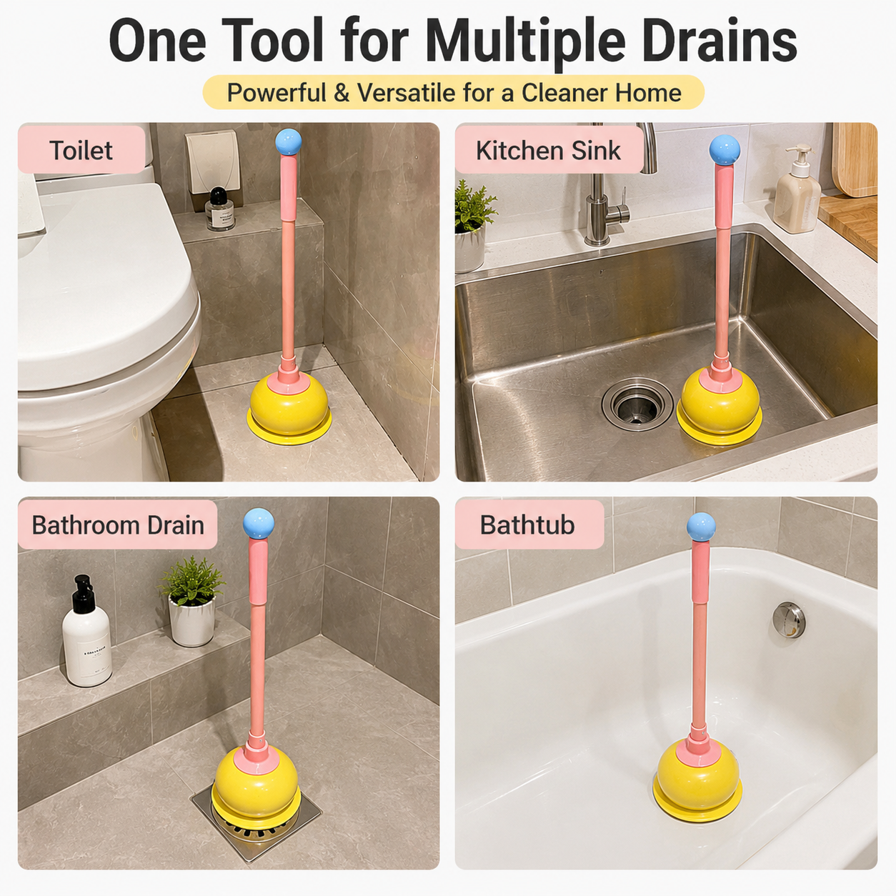 Toilet Plunger, Long Handle Bathroom Plunger with Strong Suction Cup, Non-Scratch Drain Plunger for Toilet, Kitchen Sink, Bathroom Drain, Bathtub and Shower, Cute Freestanding Clog Remover, Pink