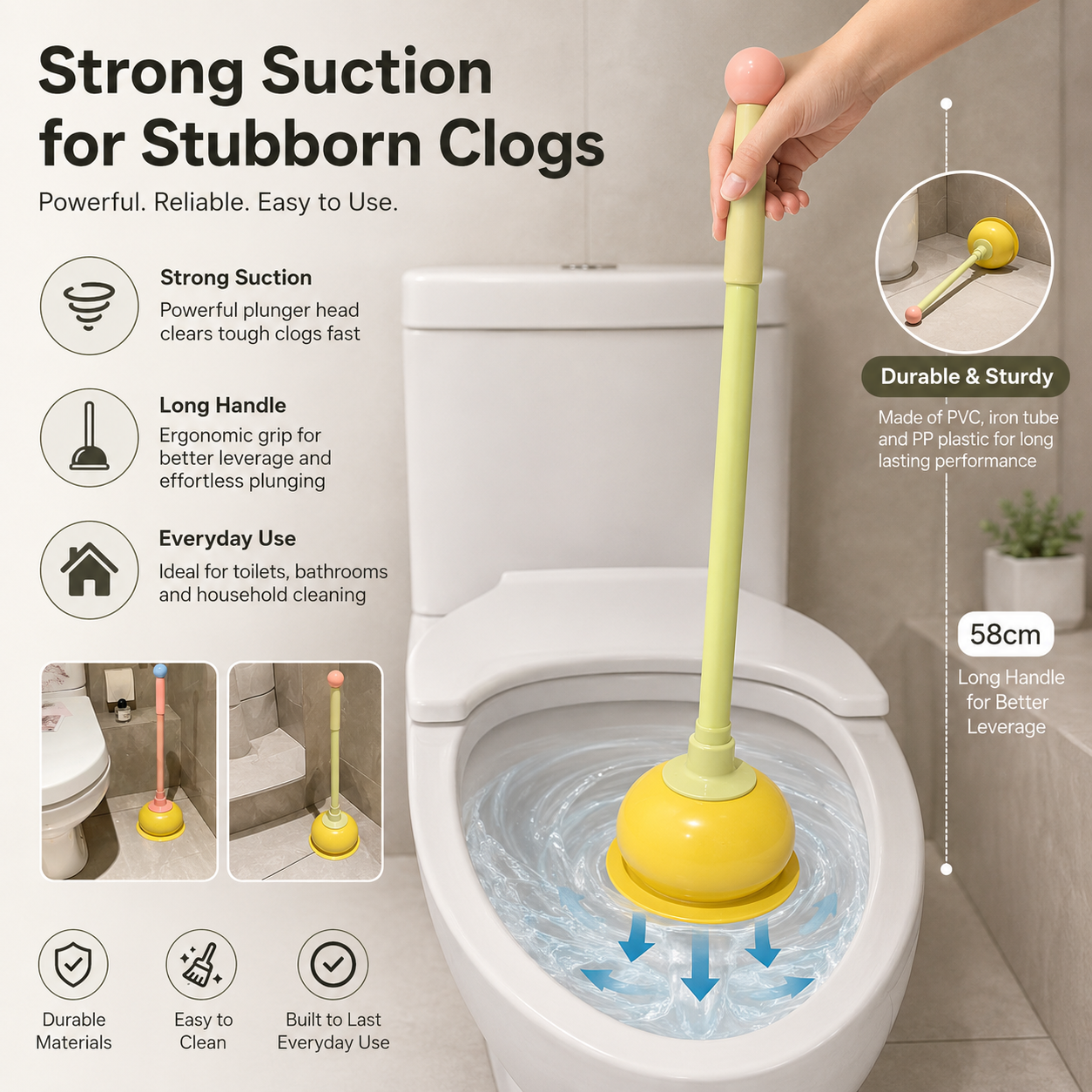 Toilet Plunger, Long Handle Bathroom Plunger with Strong Suction Cup, Non-Scratch Drain Plunger for Toilet, Kitchen Sink, Bathroom Drain, Bathtub and Shower, Cute Freestanding Clog Remover, Pink