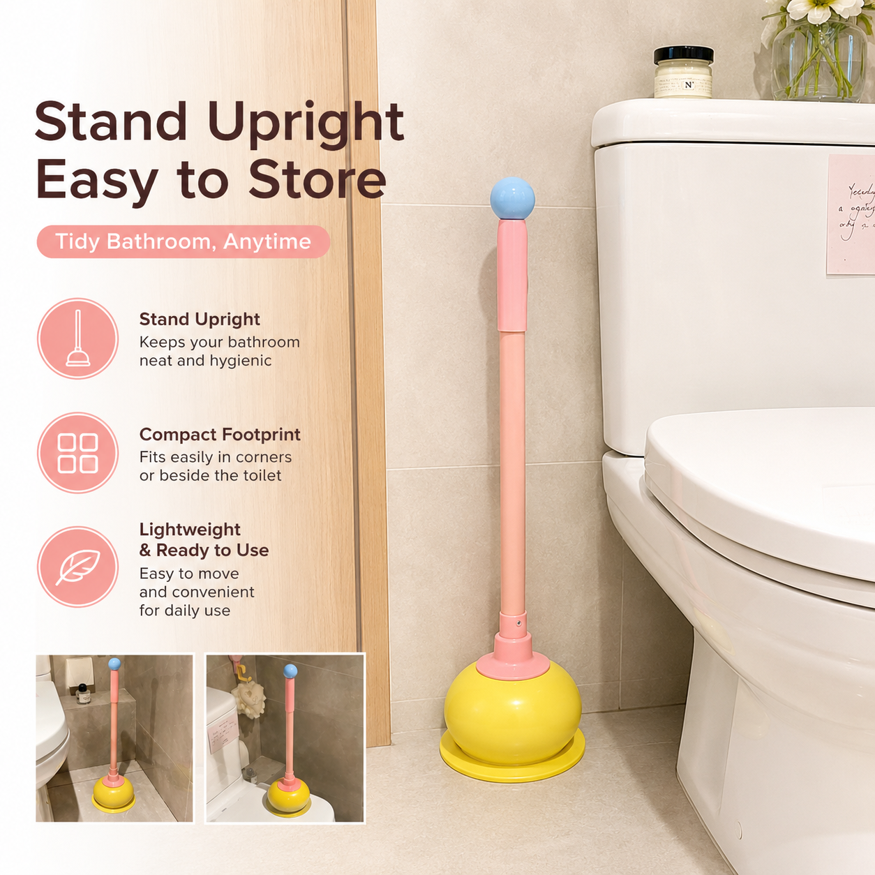 Toilet Plunger, Long Handle Bathroom Plunger with Strong Suction Cup, Non-Scratch Drain Plunger for Toilet, Kitchen Sink, Bathroom Drain, Bathtub and Shower, Cute Freestanding Clog Remover, Pink