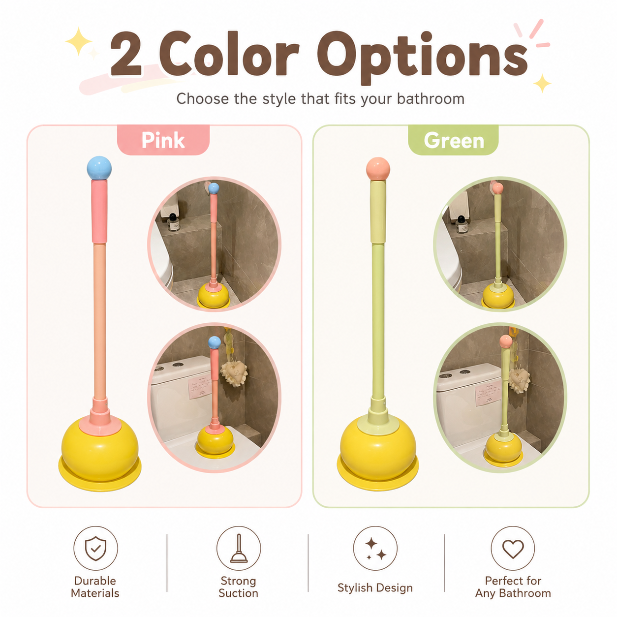 Toilet Plunger, Long Handle Bathroom Plunger with Strong Suction Cup, Non-Scratch Drain Plunger for Toilet, Kitchen Sink, Bathroom Drain, Bathtub and Shower, Cute Freestanding Clog Remover, Pink